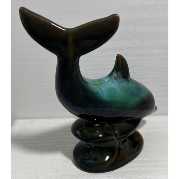 Blue Mountain Pottery Dolphin Figurine 6.75" Tall Green Black Drip Glaze - Picture 2 of 7
